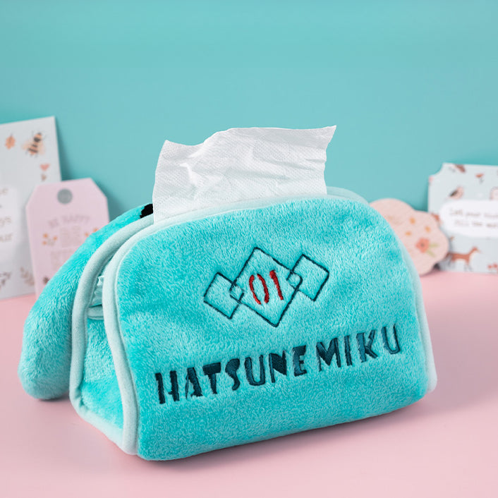 Hatsune Miku plush tissue box with "01" embroidery and tissue peeking out from top opening