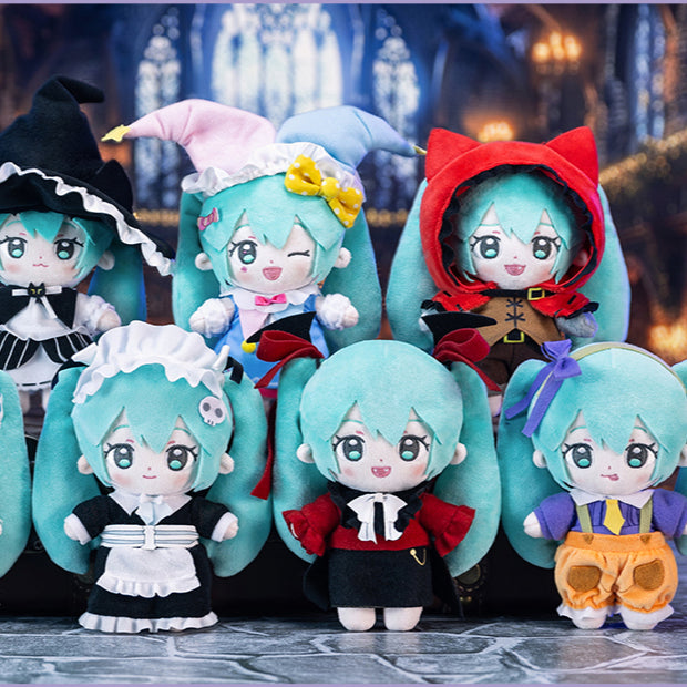 Set of 7 Halloween-themed Hatsune Miku plush dolls in witch, maid, vampire and other costumes.