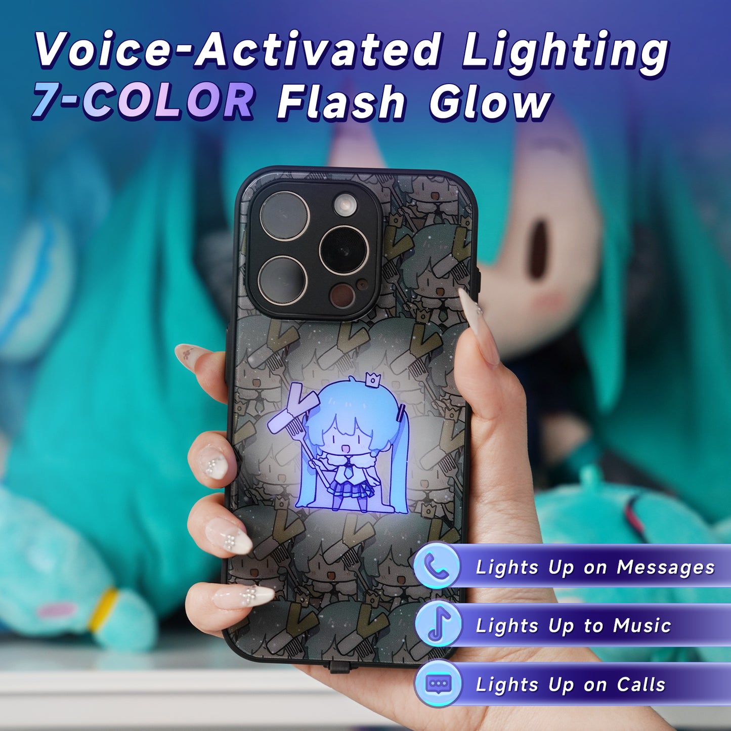 Hatsune Miku Smart Voice-Controlled Light Up Phone Case – Color-Changing Design Reactive to Calls, Messages and Music – Tempered Glass Back – Compatible with iPhone, Samsung and Xiaomi