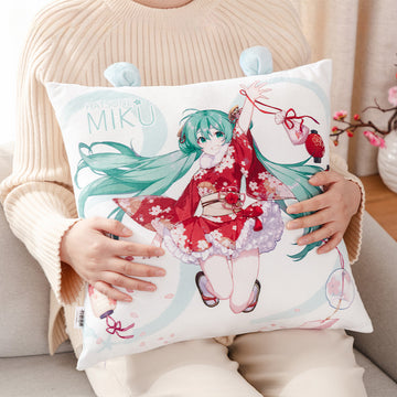 Hatsune Miku red kimono plush pillow with bunny ears, being hugged by a person