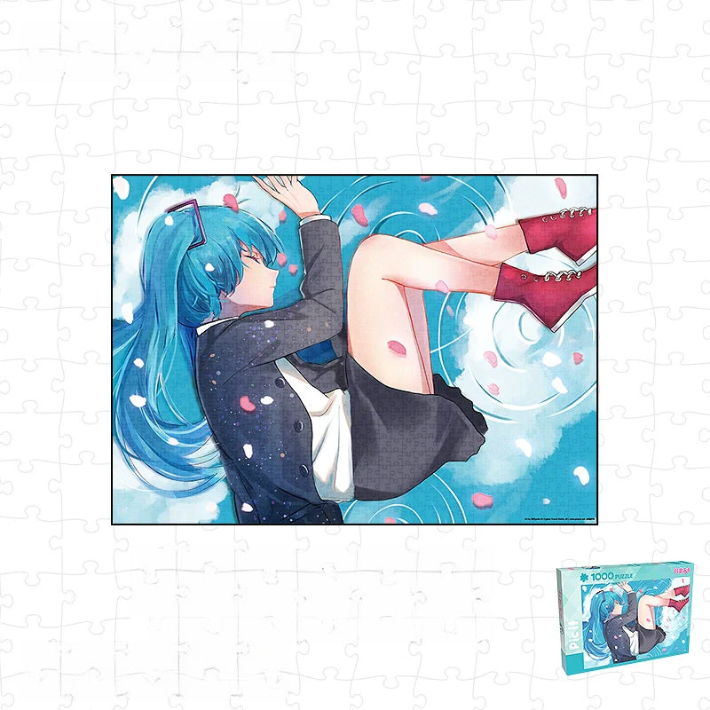 Hatsune Miku lying peacefully in water with petals, serene blue-themed jigsaw puzzle