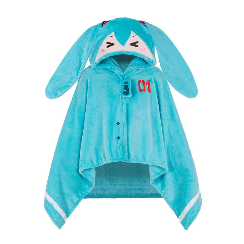 Hatsune Miku plush cape with bunny ears and "01" embroidery, featuring a cute smiling face on the hood