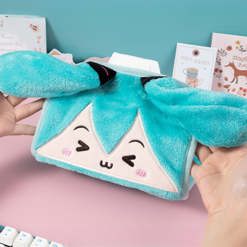 Hatsune Miku plush tissue box with cute smiling face and long ear design, tissue visible from top