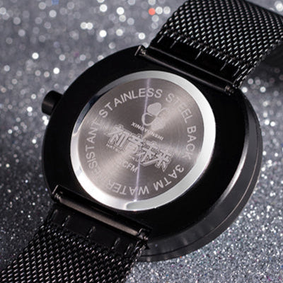 Back of Hatsune Miku watch showing stainless steel case and 3ATM water resistance.