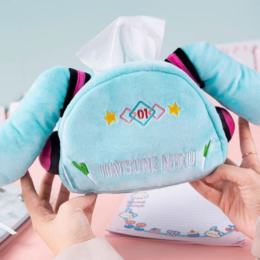 Hatsune Miku plush tissue box cover with embroidered Miku logo and colorful headphone design