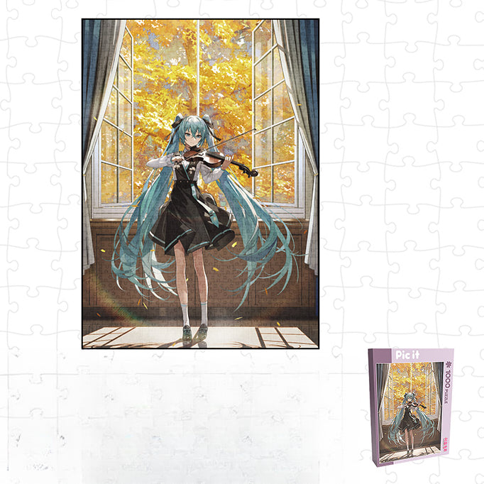 Hatsune Miku jigsaw puzzle with full artwork completed, featuring Miku playing violin by a window in autumn