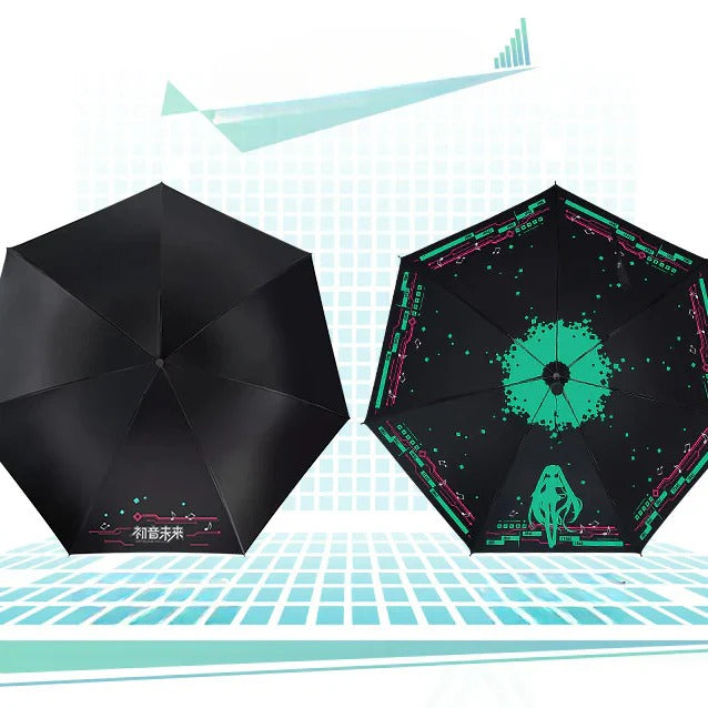 Front and back of Hatsune Miku tech-style umbrella with logo and green pixel Miku design.