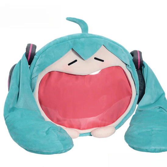 Hatsune Miku plush storage pouch with open-mouth design and red interior.