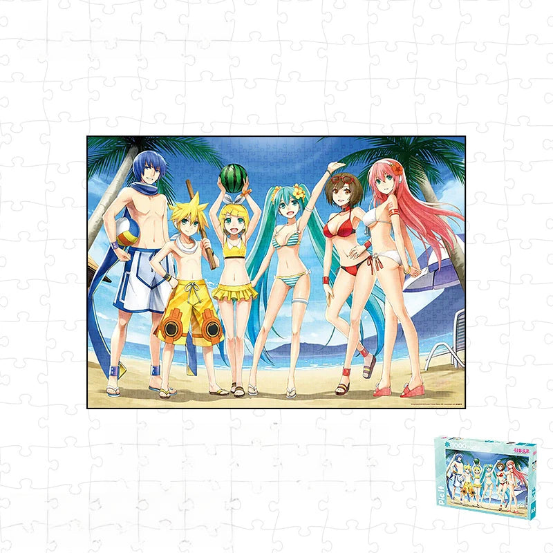 Hatsune Miku and Vocaloid characters in swimsuits at the beach, summer-themed jigsaw puzzle