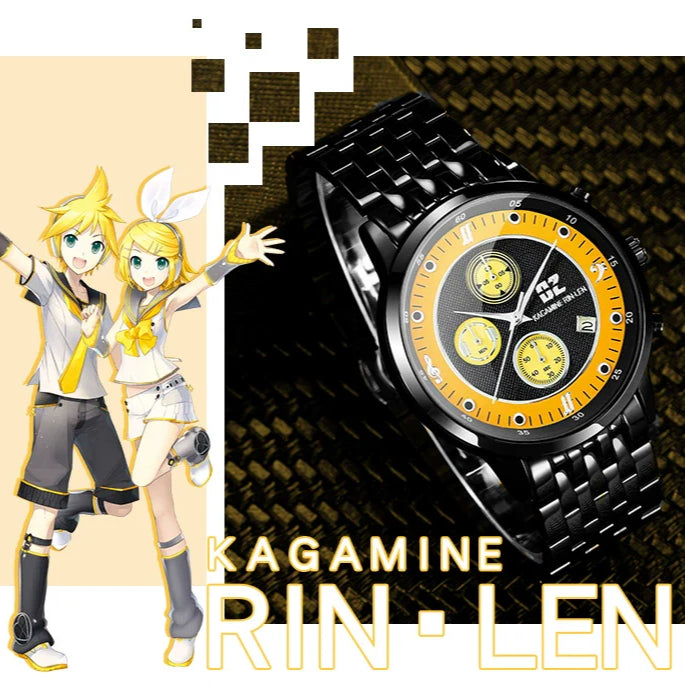 Kagamine Rin Len black metal watch with yellow dial and twin icons on subdials.