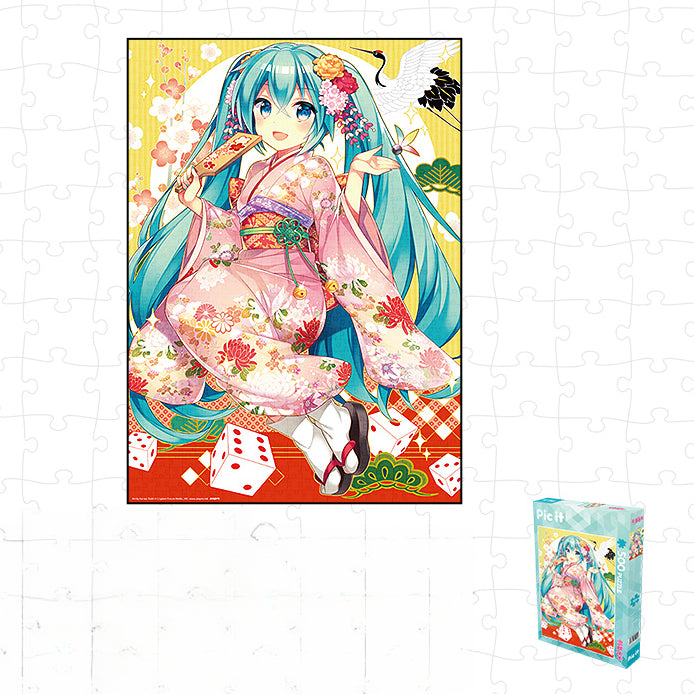 Full view of Hatsune Miku kimono puzzle with box, bright floral design and dice details.