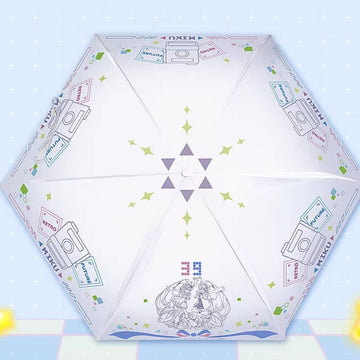 Flat view of Miku umbrella featuring retro-future icons and twin Miku line art in center
