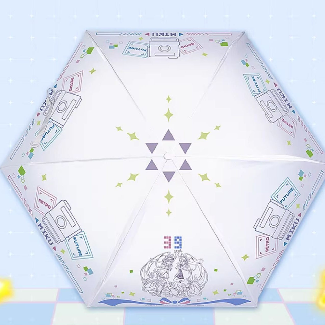 Flat view of Miku umbrella featuring retro-future icons and twin Miku line art in center