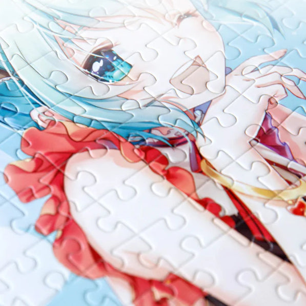 Close-up of Hatsune Miku jigsaw puzzle showing detailed print and tight-fitting pieces.