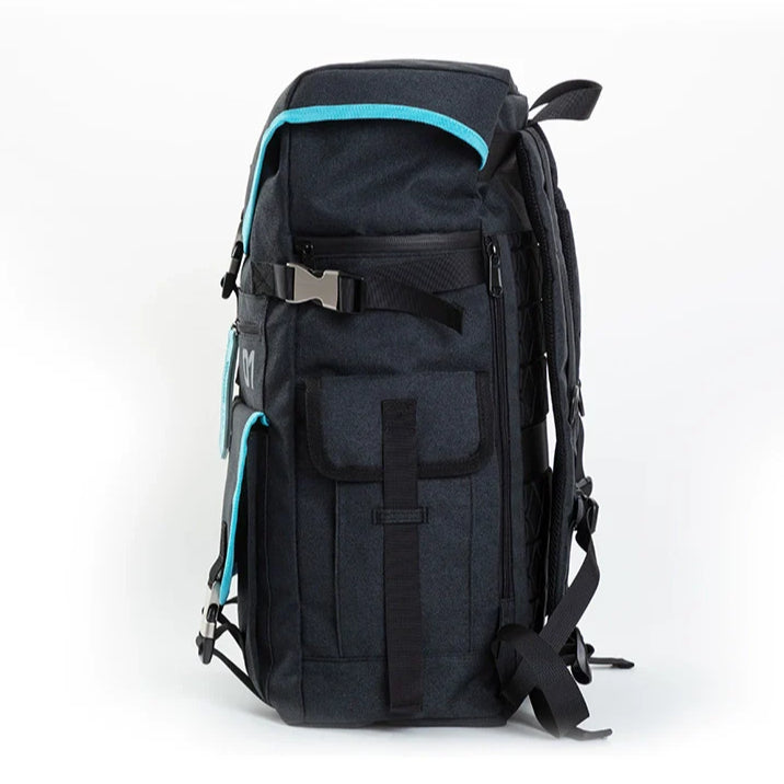 Side view of a black Hatsune Miku backpack with turquoise trim and multiple storage pockets