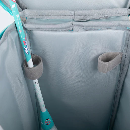 Inside view of racket bag with Miku design racket and padded divider.