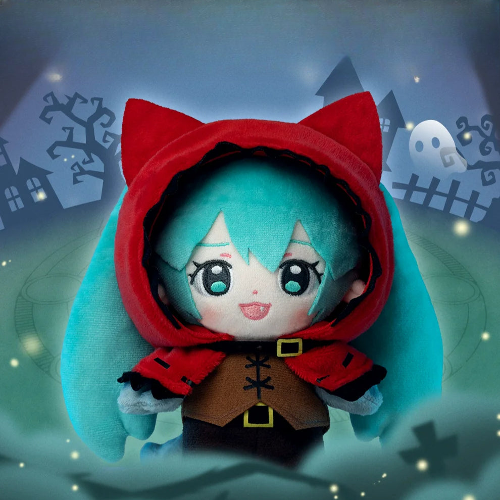 Little Red Riding Hood-style Hatsune Miku plush doll with red hood and Halloween background.