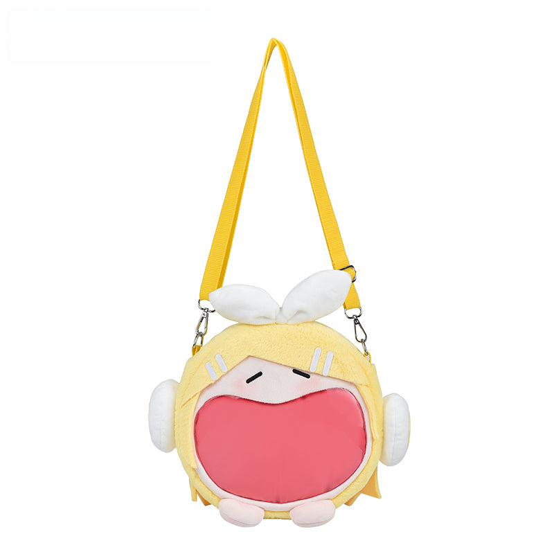 Kagamine Rin plush itabag with wide-mouthed design and yellow strap, character-style crossbody