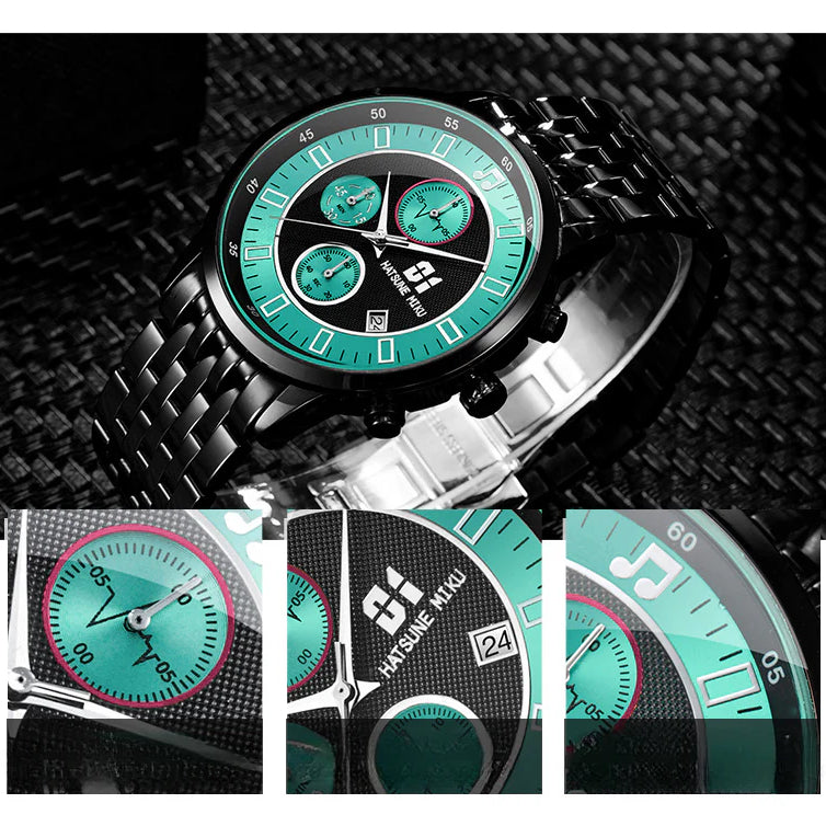Hatsune Miku black metal wristwatch with green dial, music icons, and date display.