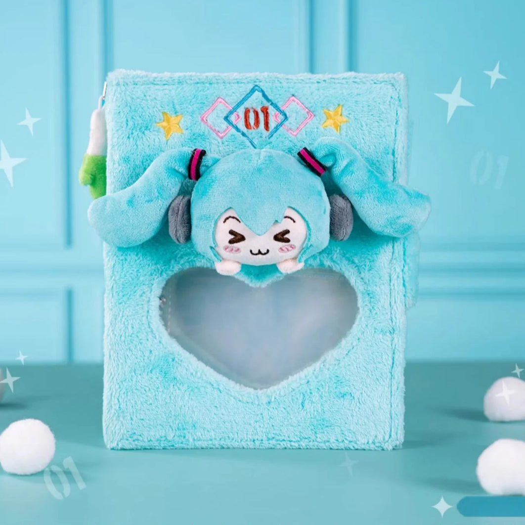 Front of plush Miku storage bag with heart window and chibi Miku face on top