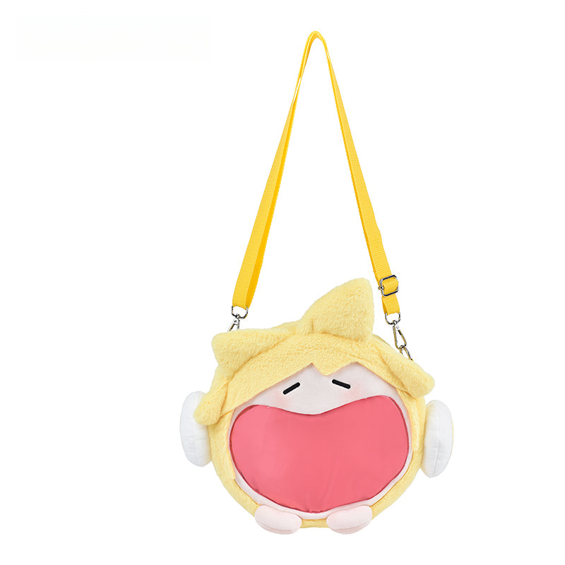 Kagamine Len plush itabag with wide-mouthed design and yellow strap, character-style crossbody