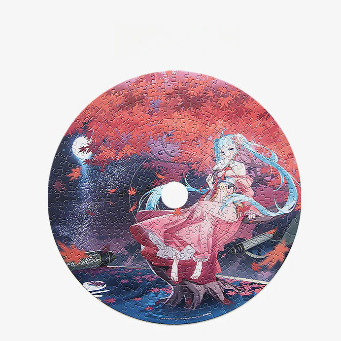 Round Hatsune Miku jigsaw puzzle with cherry blossom night scene, Miku in pink kimono on tree stump