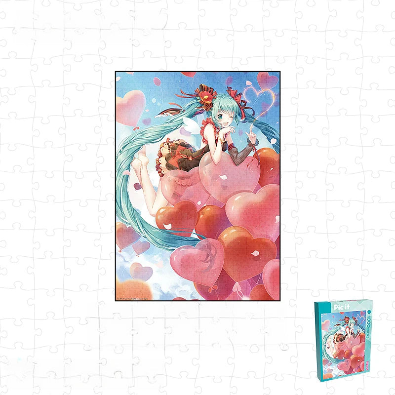 Hatsune Miku heart balloon-themed jigsaw puzzle with romantic sky background and petal details