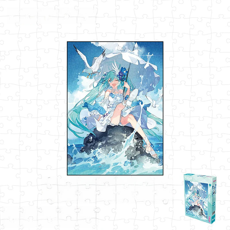 Hatsune Miku ocean-themed jigsaw puzzle featuring Miku in white dress with parasol on seaside rock