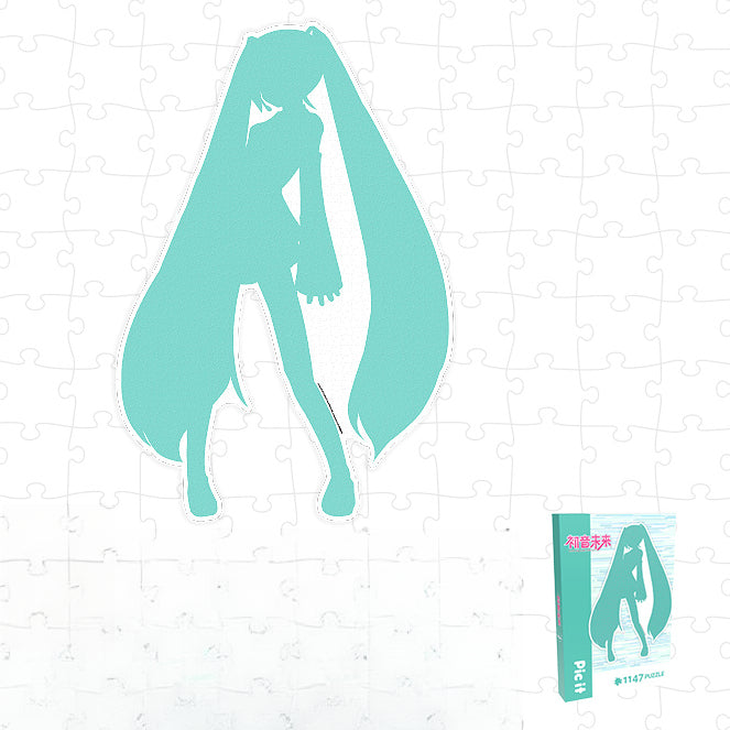 Hatsune Miku silhouette puzzle with teal design and 1147 pieces box shown.