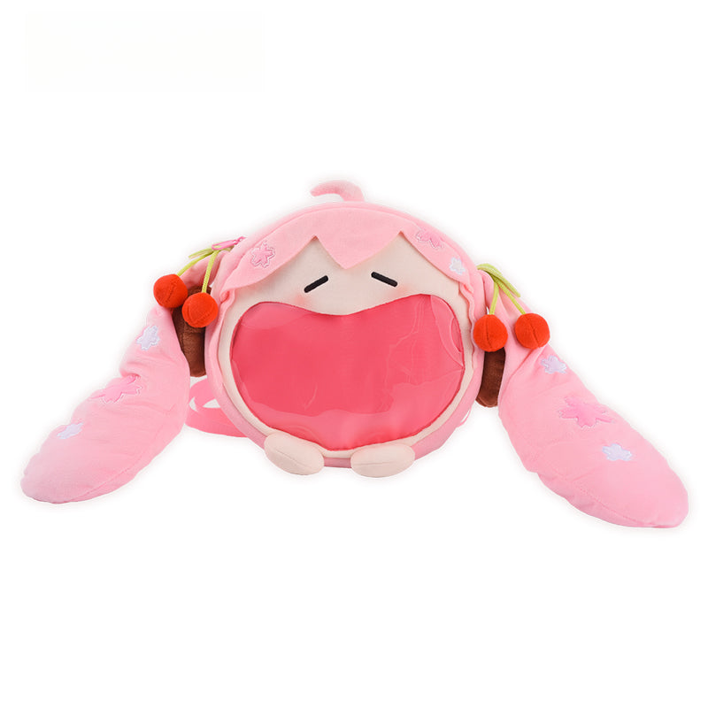 Sakura Miku plush itabag with cherry-themed long twintails and wide-mouthed transparent pouch