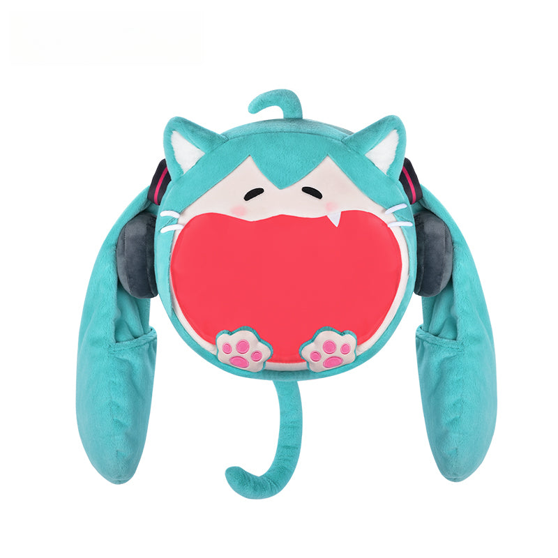 Plush cat-style Hatsune Miku backpack with long twin tails and open-mouth design
