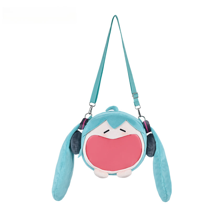 Hatsune Miku plush itabag with twin tails and open mouth design, featuring teal strap and headset