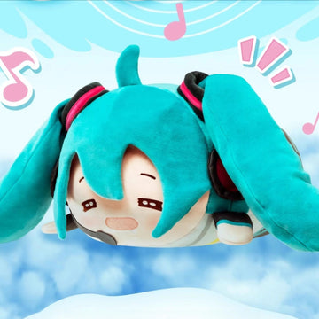 Lying-down Hatsune Miku plush with tired face and twin tails, floating on a cartoon sky