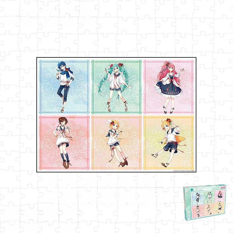Hatsune Miku and Vocaloid characters themed jigsaw puzzle with six colorful panels and gift box