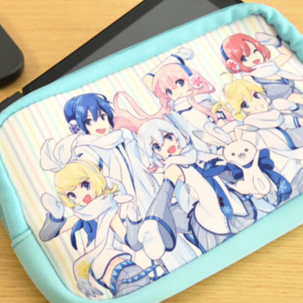 Snow Miku and Vocaloid characters in winter outfits on soft blue-edged pouch.