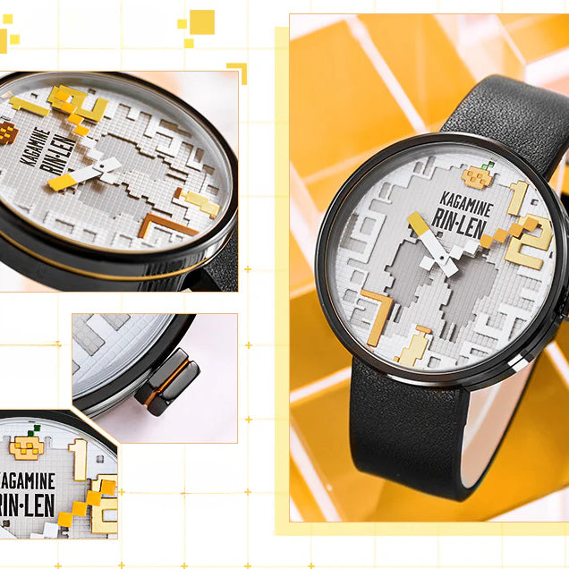 Kagamine Rin Len pixel-style watch with yellow accents and black leather strap.
