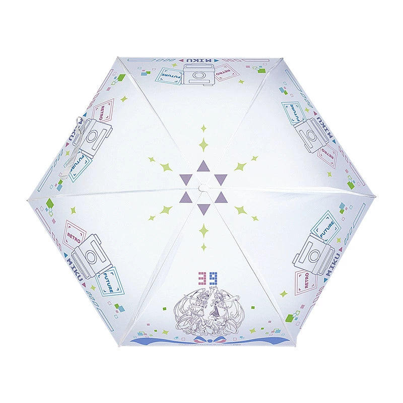 White umbrella with Miku-themed line art and colorful retro icons.