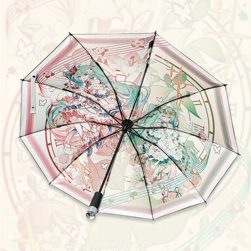 Hatsune Miku floral-style umbrella with full inner canopy print and music note accents.