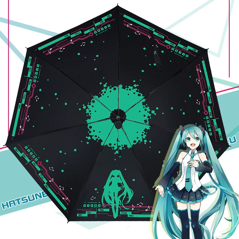 Hatsune Miku umbrella with green pixel burst, music notes and Miku silhouette, shown with artwork.