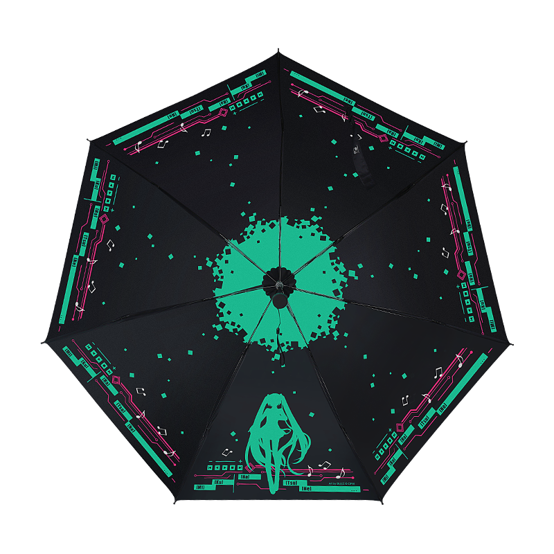 Hatsune Miku umbrella with green pixel art, music notes, and Miku silhouette on black background.