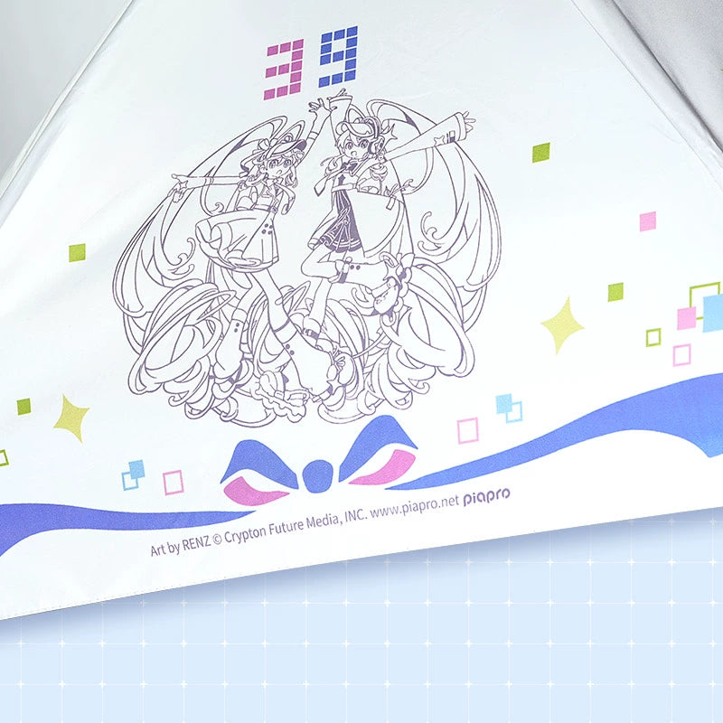 Close-up of twin Miku line art on compact umbrella with 39 and pixel accents
