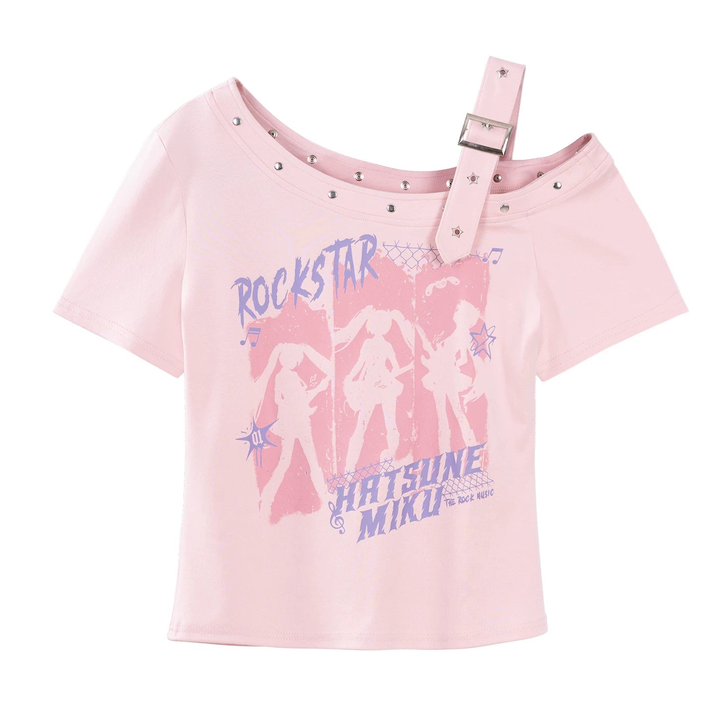 Official Hatsune Miku Rock Future Vintage One-Shoulder Cami Short Sleeve Top, Loose-Fit Summer Shirt