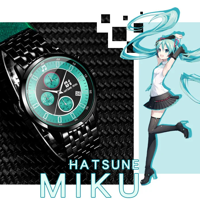 Hatsune Miku black metal watch with teal dial and music note details.