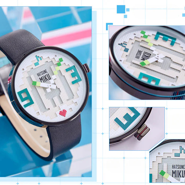 Hatsune Miku pixel-style watch with green-blue numbers and heart detail, black leather strap.