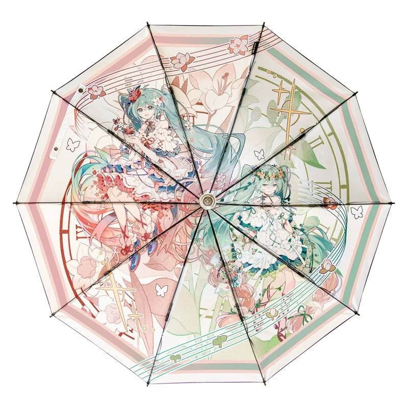 Officially Licensed Hatsune Miku Umbrella with floral and musical motifs in pink and green