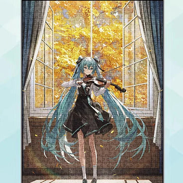 Completed Hatsune Miku puzzle showing her playing violin in front of golden autumn trees
