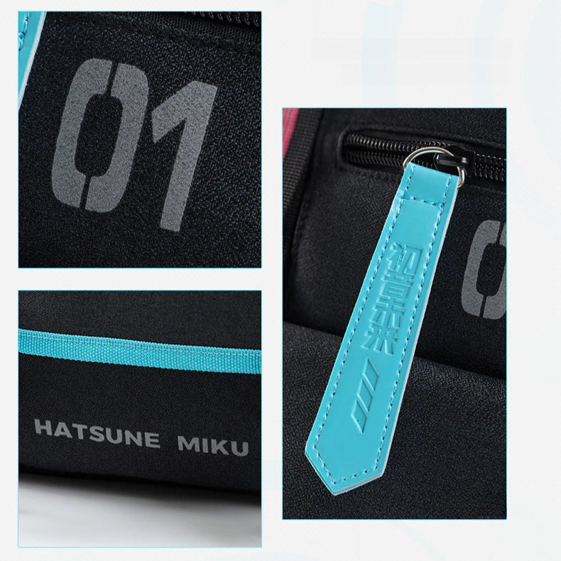 Details of a Hatsune Miku backpack with turquoise zipper tag and “01” and logo prints