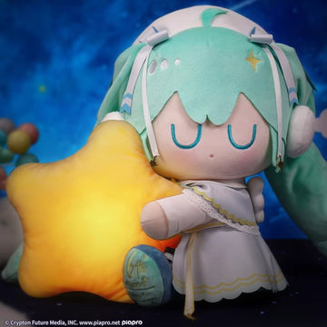 Hatsune Miku 6th-anniversary plush hugging a glowing star pillow in dreamy starry night outfit