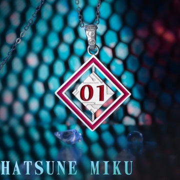 Hatsune Miku necklace with red 01 pendant in silver frame, shown against cyber-style backdrop.