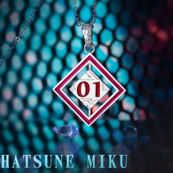 Hatsune Miku necklace with red 01 pendant in silver frame, shown against cyber-style backdrop.